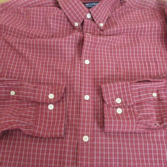Puritan Shirt Mens Large (42/44) Red Plaid Button Front Long Sleeve Collar - Picture 5 of 7